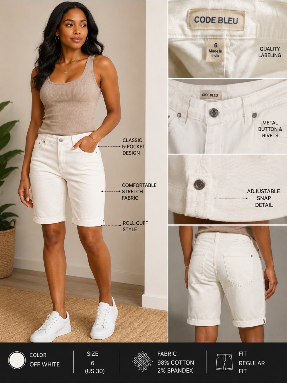 Code Bleu Off White Bermuda Shorts - Stretch 5-Pocket Style